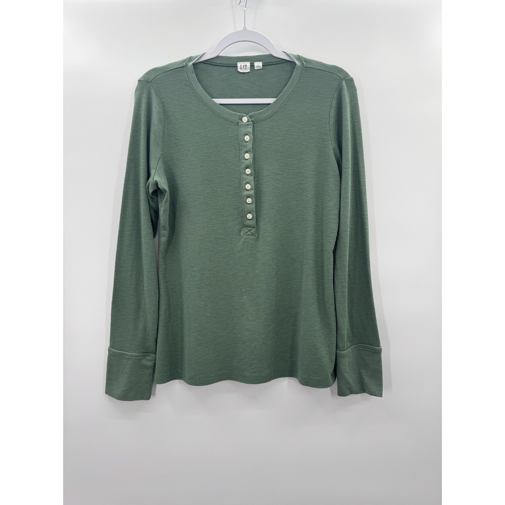 Gap Womens Large Top Sage Waffle Knit Thermal Henley Cozy Layers Preppy Classic